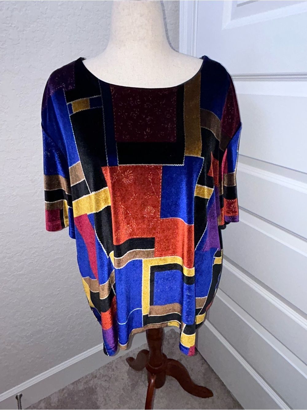 Vintage 220 Hickory Colorblock Patchwork Short Sleeve Velour Shirt Top